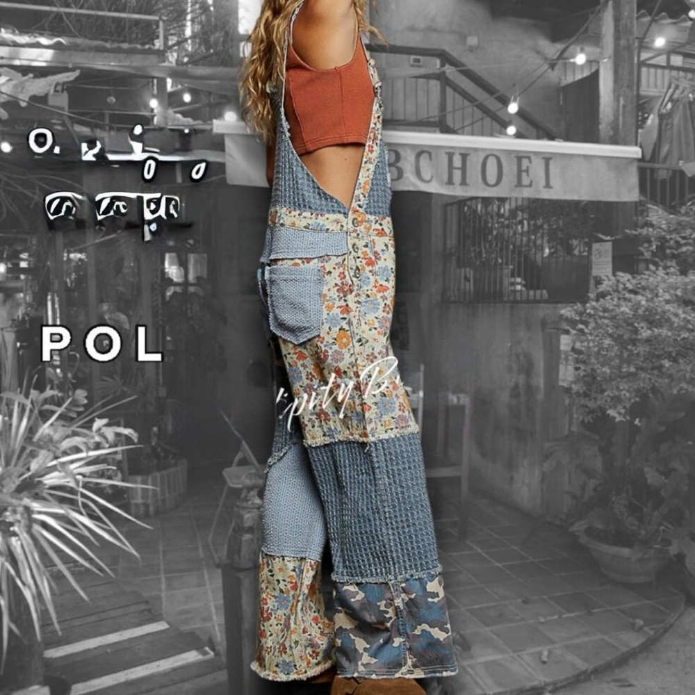 POL- NWT Boho Farm Girl Mixed Fabric Cotton Denim Floral Patch Overalls. - Picture 4 of 10